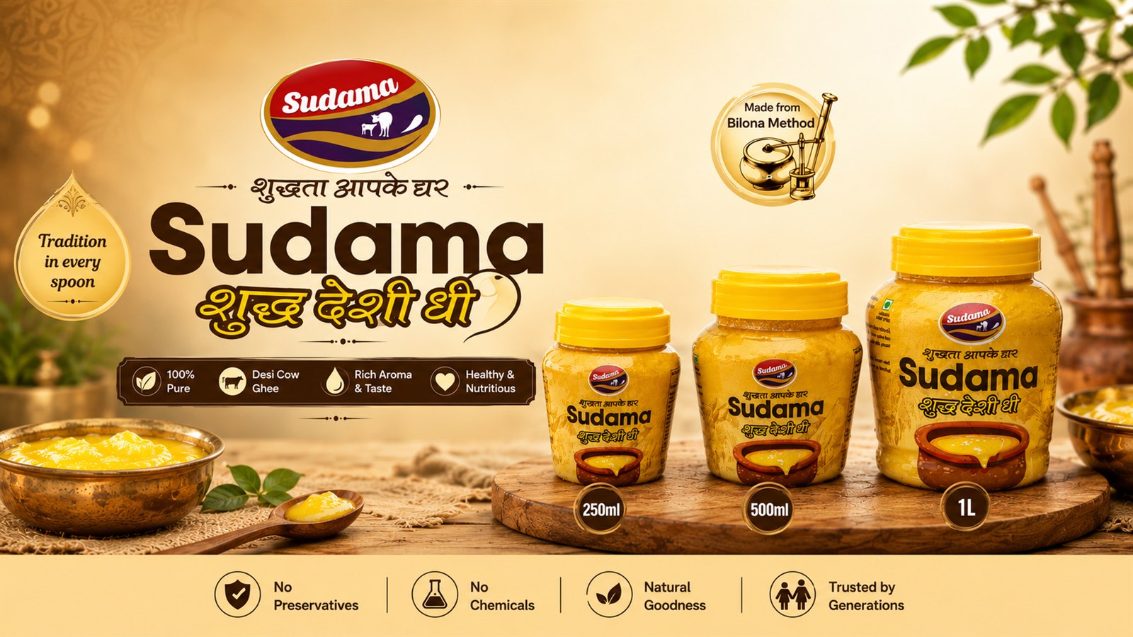 Sudama Bilona Desi Ghee — 250 ml, 500 ml and 1 L jars, 100% pure, made from the traditional Bilona method