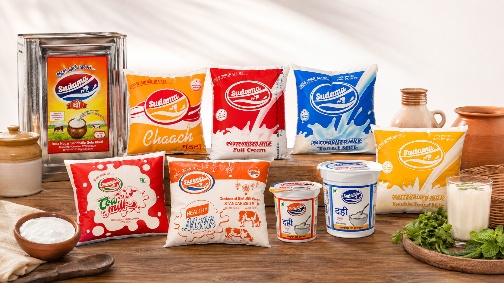 Sudama complete dairy range — milk, dahi, chaach, lassi, paneer and desi ghee