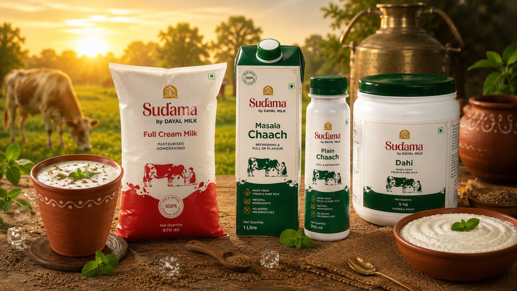 Sudama Full Cream Milk, Masala Chaach, Plain Chaach and Dahi