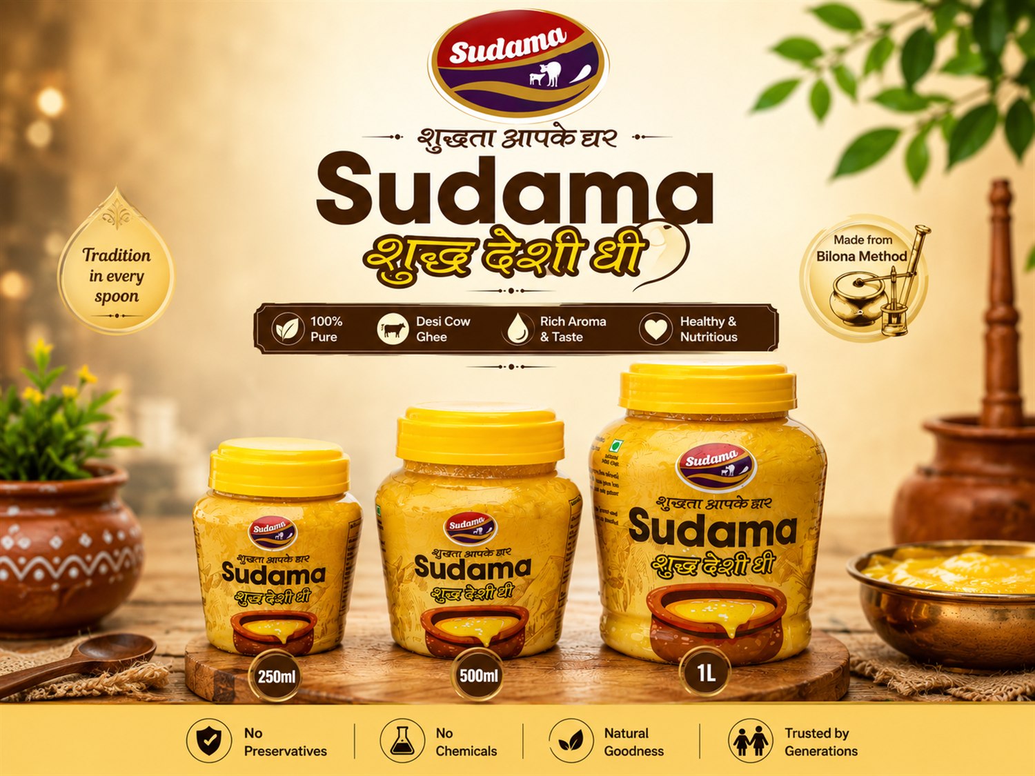 Sudama Bilona Desi Ghee — 250 ml, 500 ml and 1 L jars, made from the Bilona method